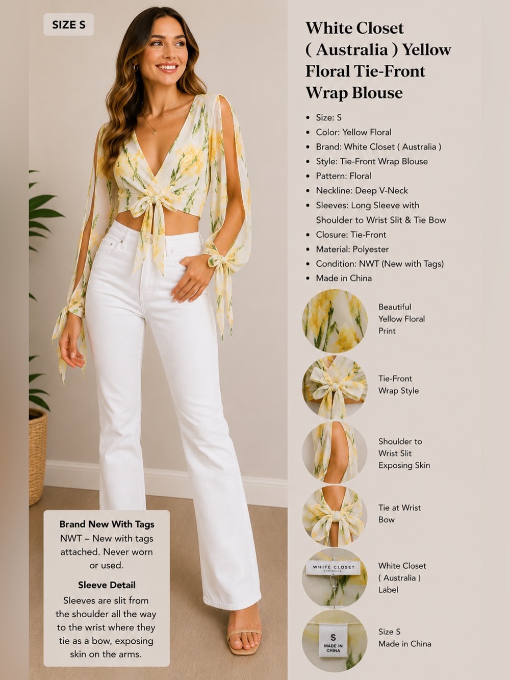 White Closet ( Australia ) Yellow Floral Tie-Front Wrap Blouse